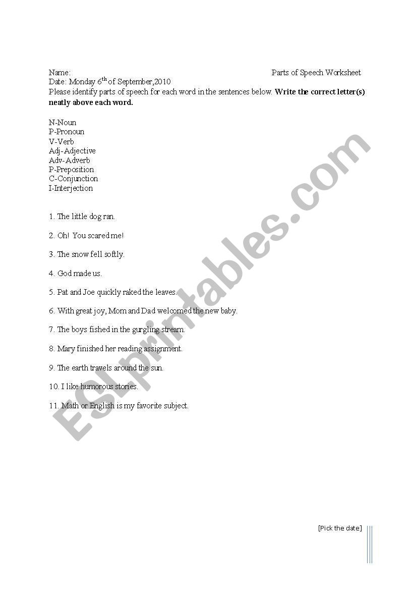 Parts of Speech worksheet