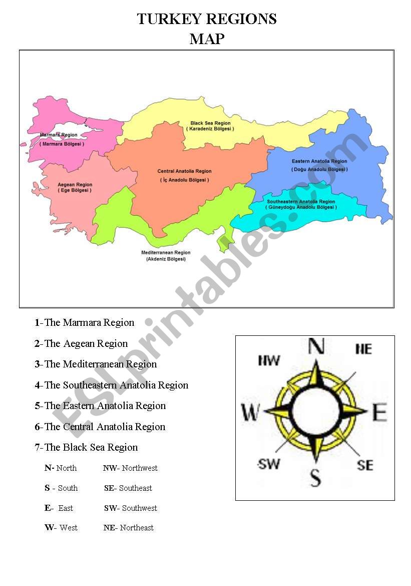 the map and regions of Turkey worksheet