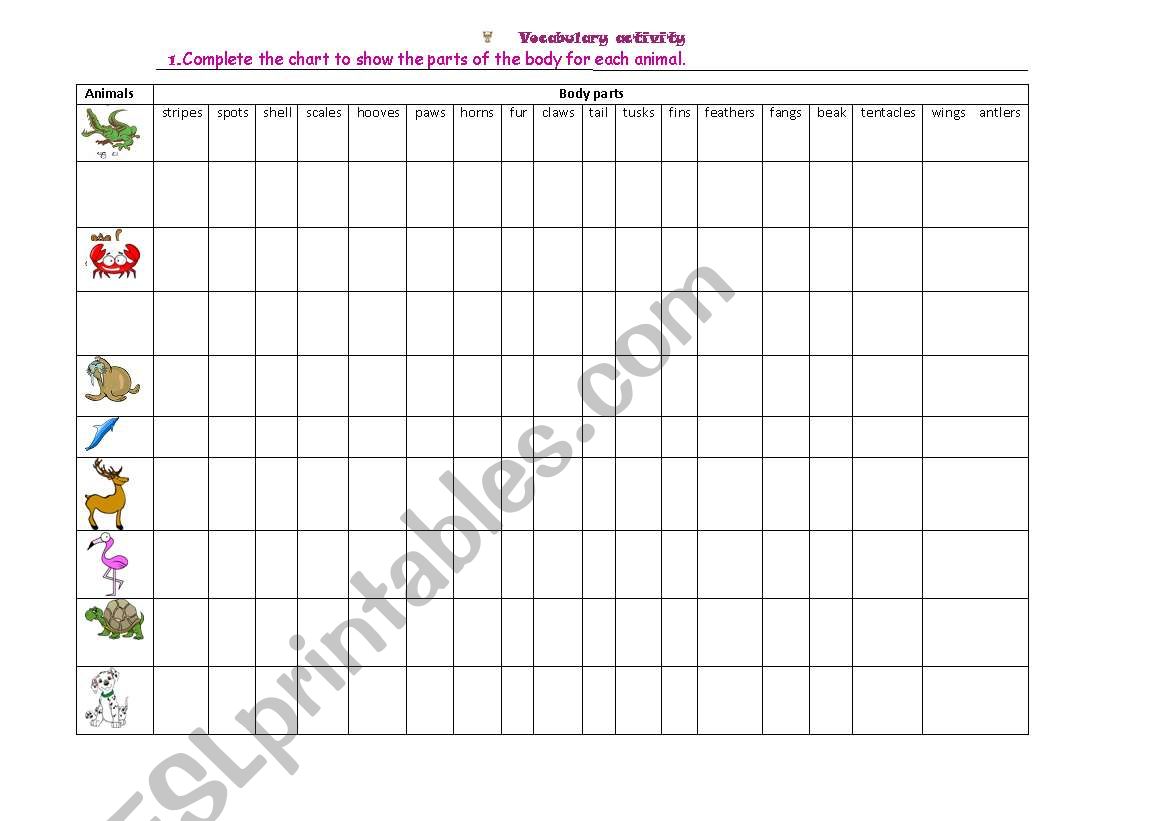 Animal body parts chart worksheet