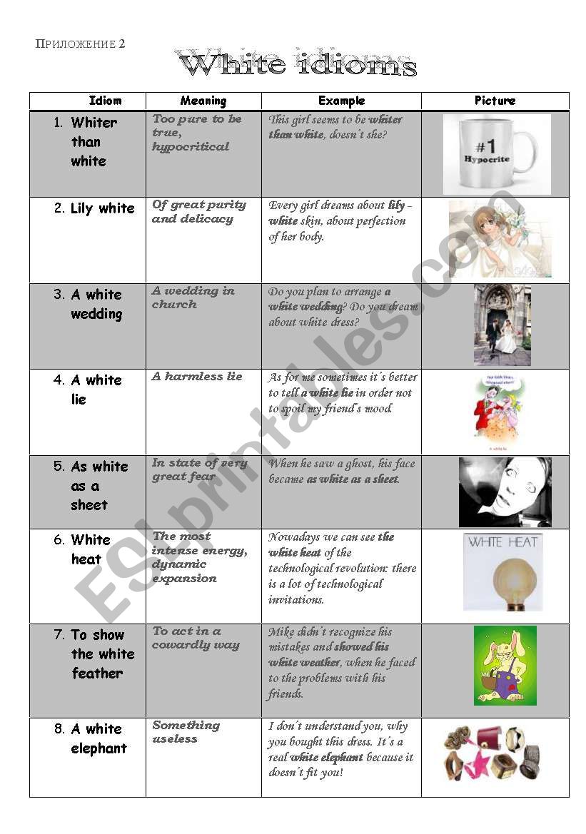 White idioms worksheet