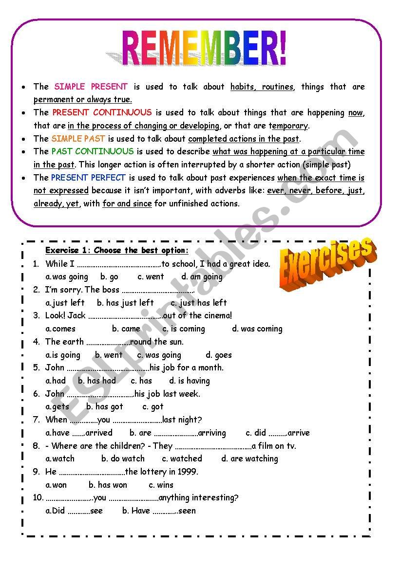 Revision of tenses worksheet