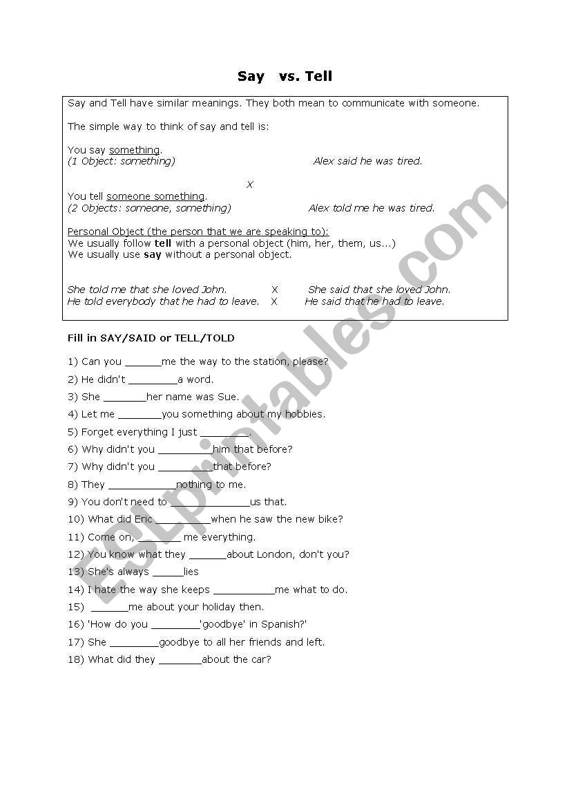 Say vs. Tell worksheet