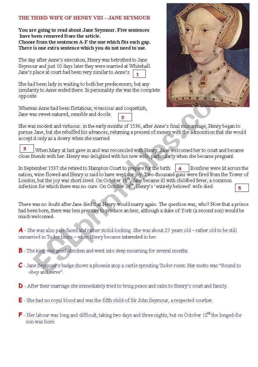 THE THIRD WIFE OF HENRY VIII worksheet