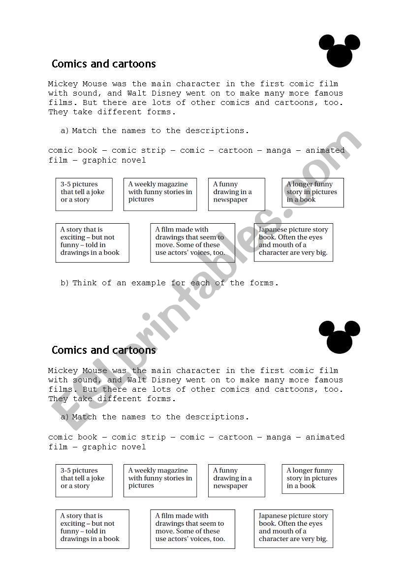Comics and cartoons worksheet