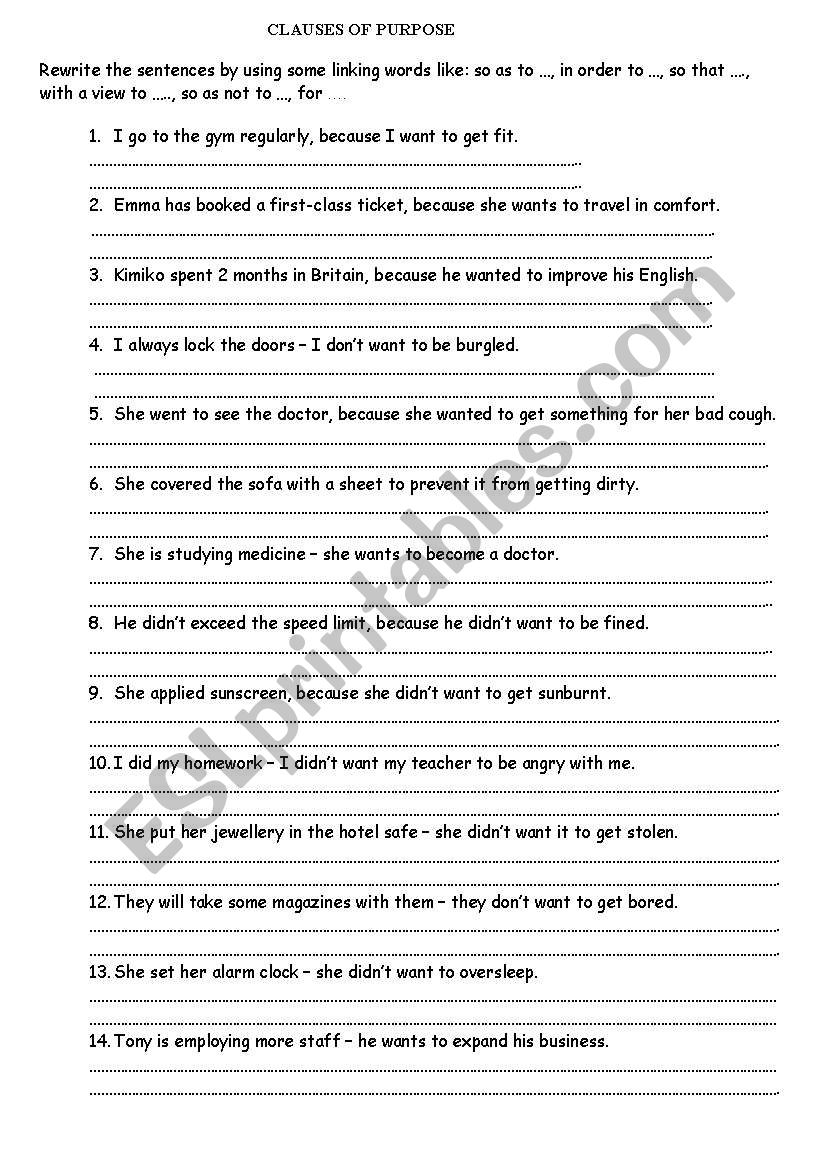 Clauses of purpose worksheet