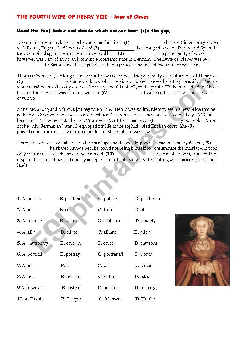 THE FOURTH WIFE OF HENRY VIII worksheet