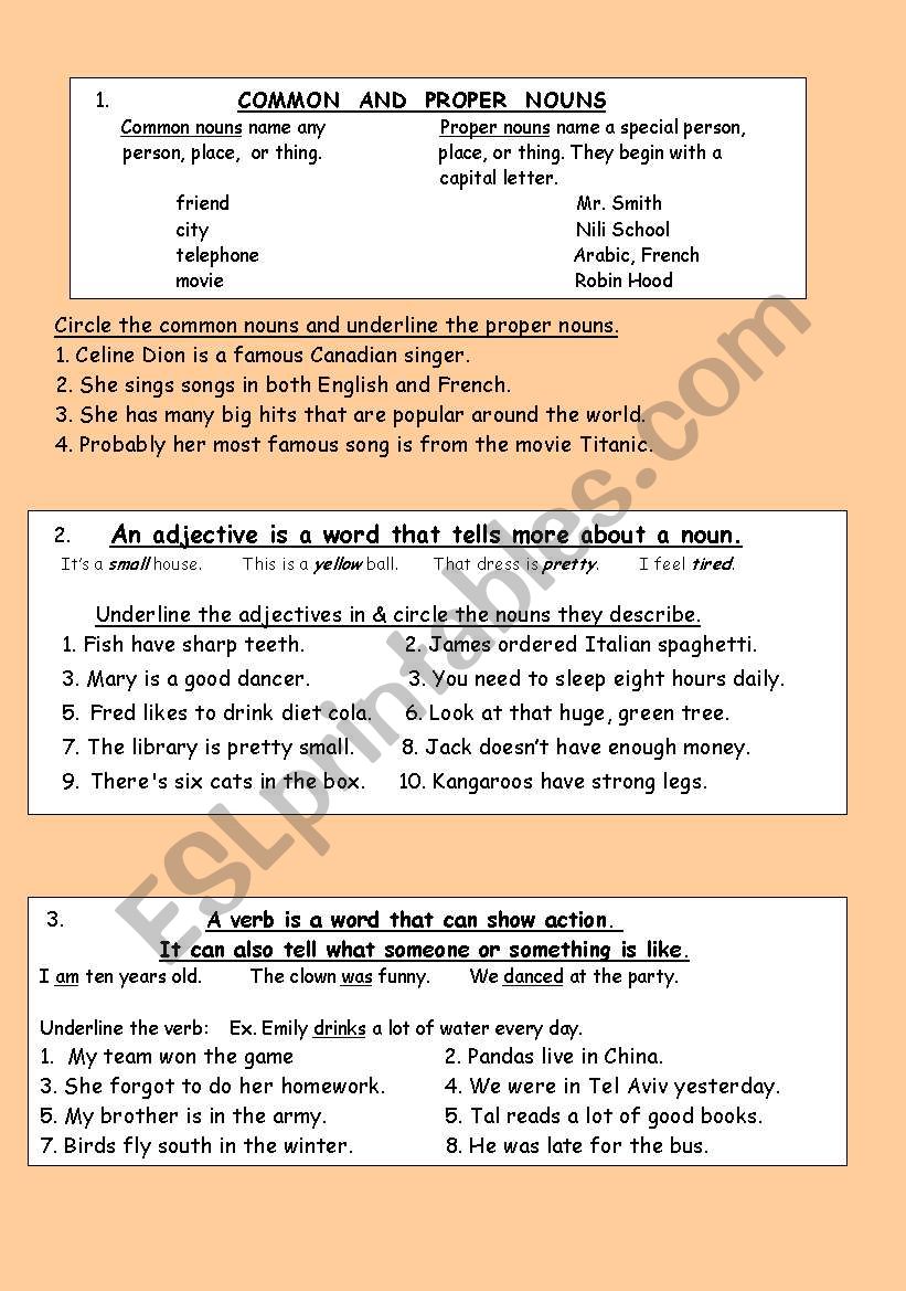 First introduction to nouns, adjectives, and verbs