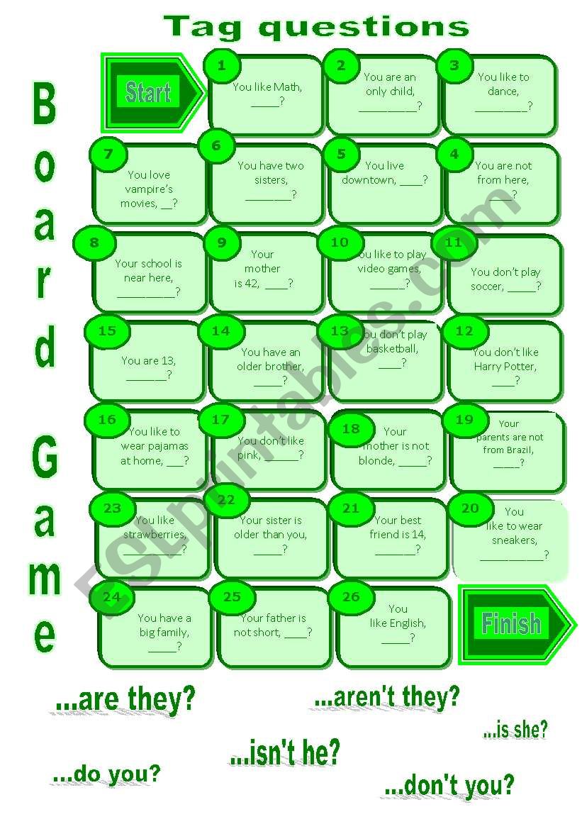 Tag questions board game worksheet