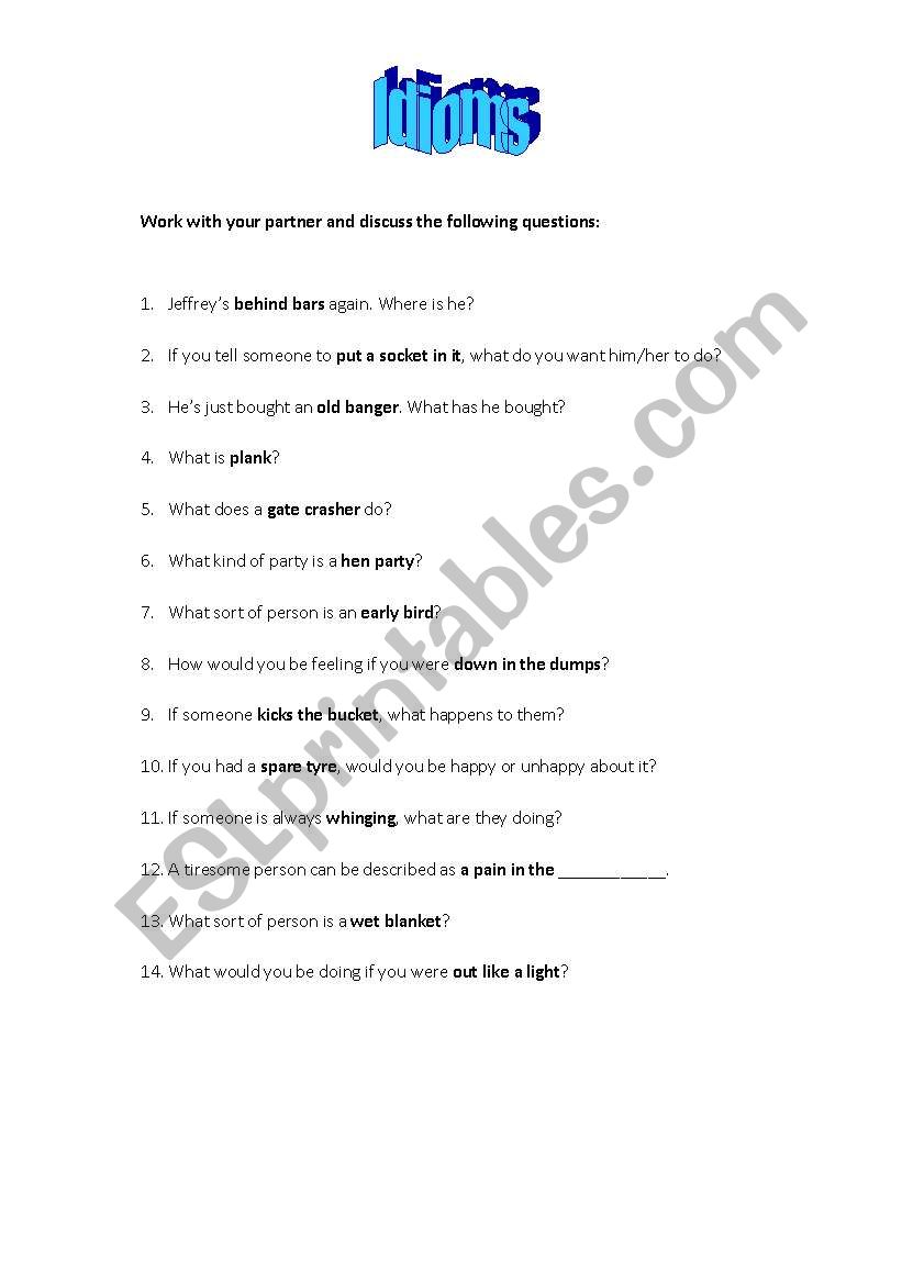 Quiz on Idioms worksheet