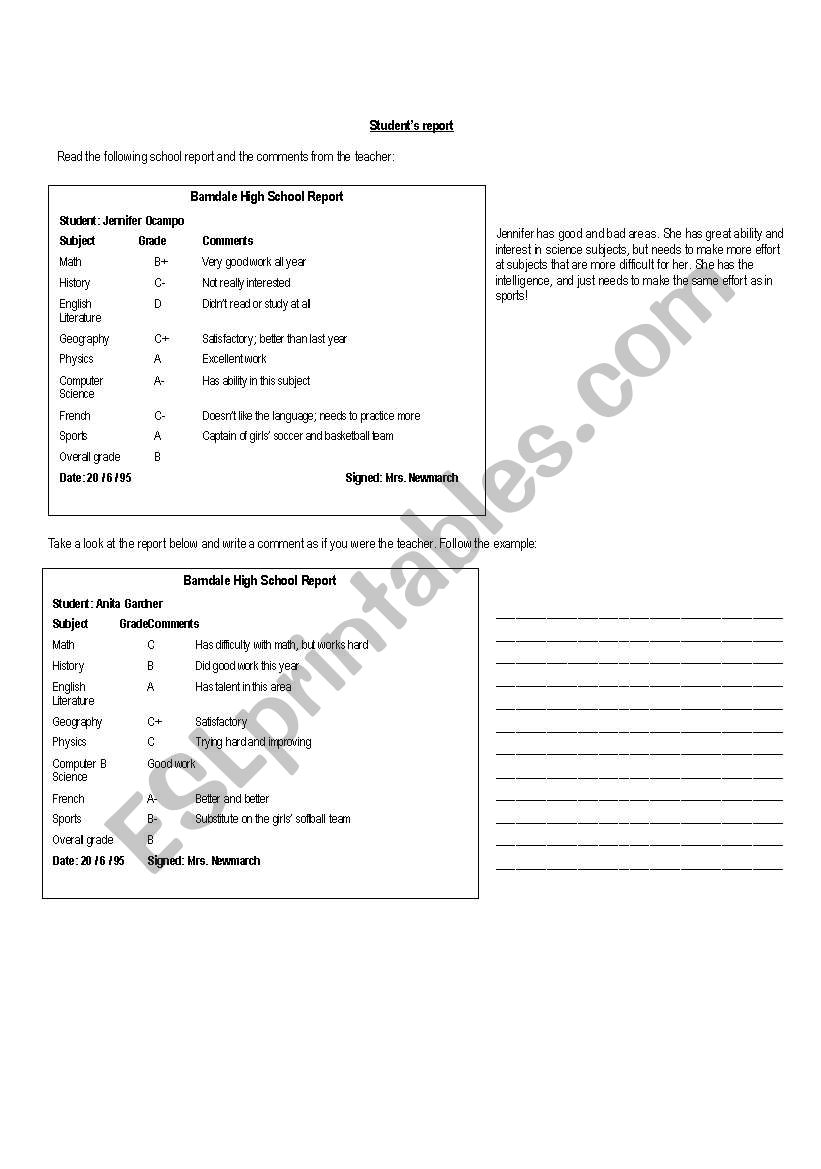 SCHOOL REPORT worksheet
