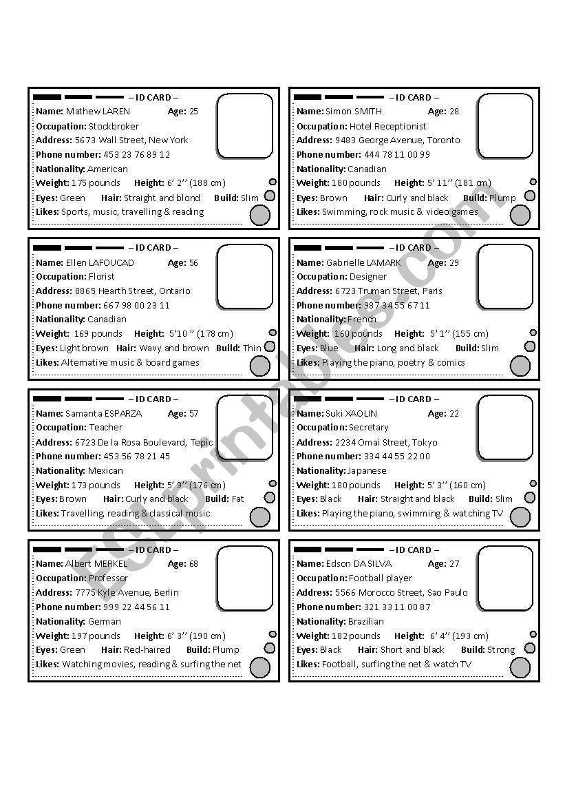 Describing Cards worksheet