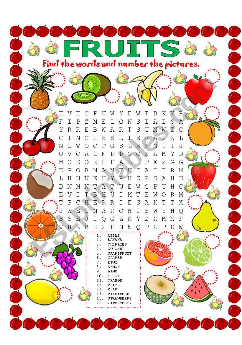 WORD SEARCH (FRUITS) AND NUMBER THE PICTURES