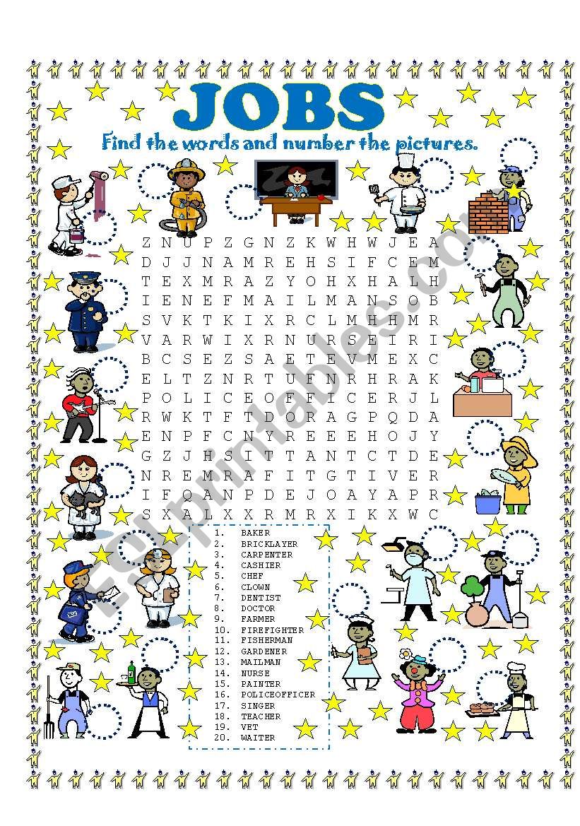 WORD SEARCH (JOBS) AND NUMBER THE PICTURES