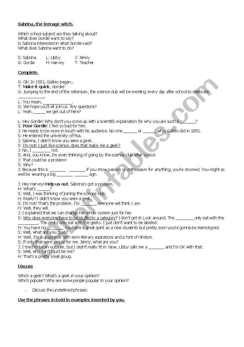 Sabrina, the teenage witch worksheet