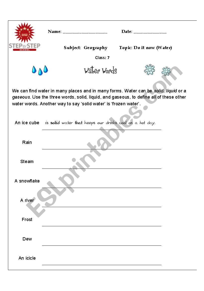 water worksheet worksheet