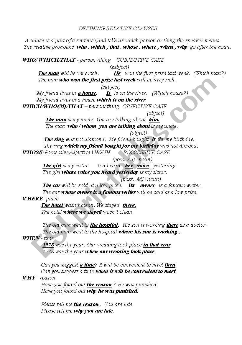 DEFINING RELATIVE CLAUSES worksheet