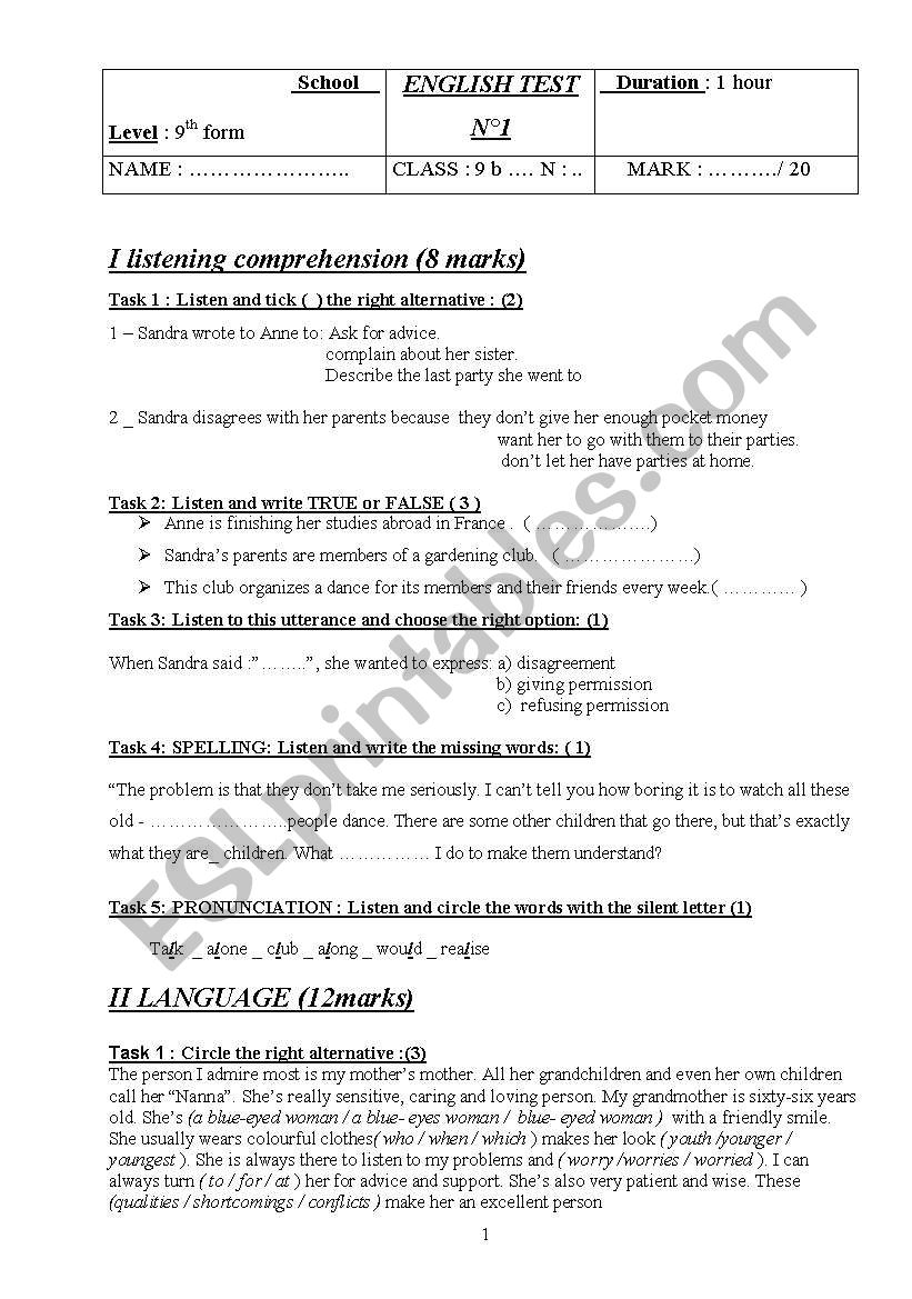 1st test for intermediate students