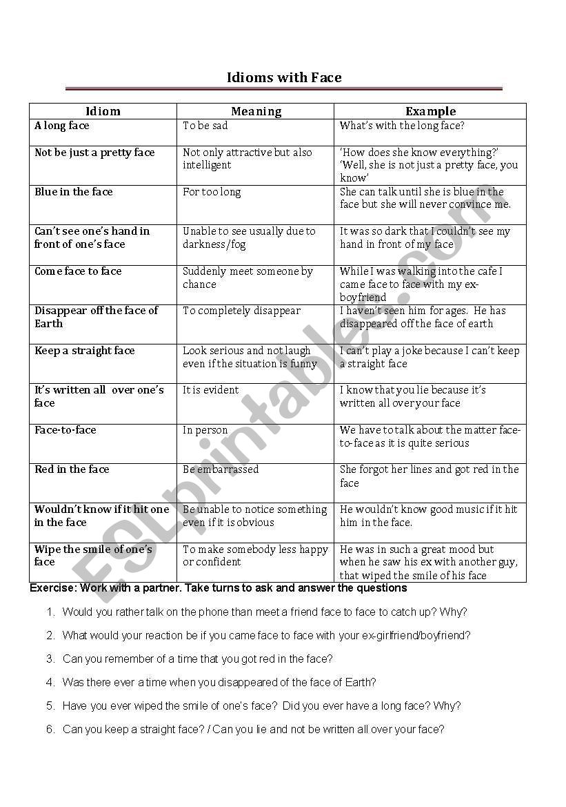 Idioms with Face worksheet