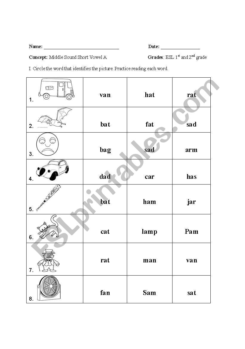Middle Sound Short Vowel Aa worksheet