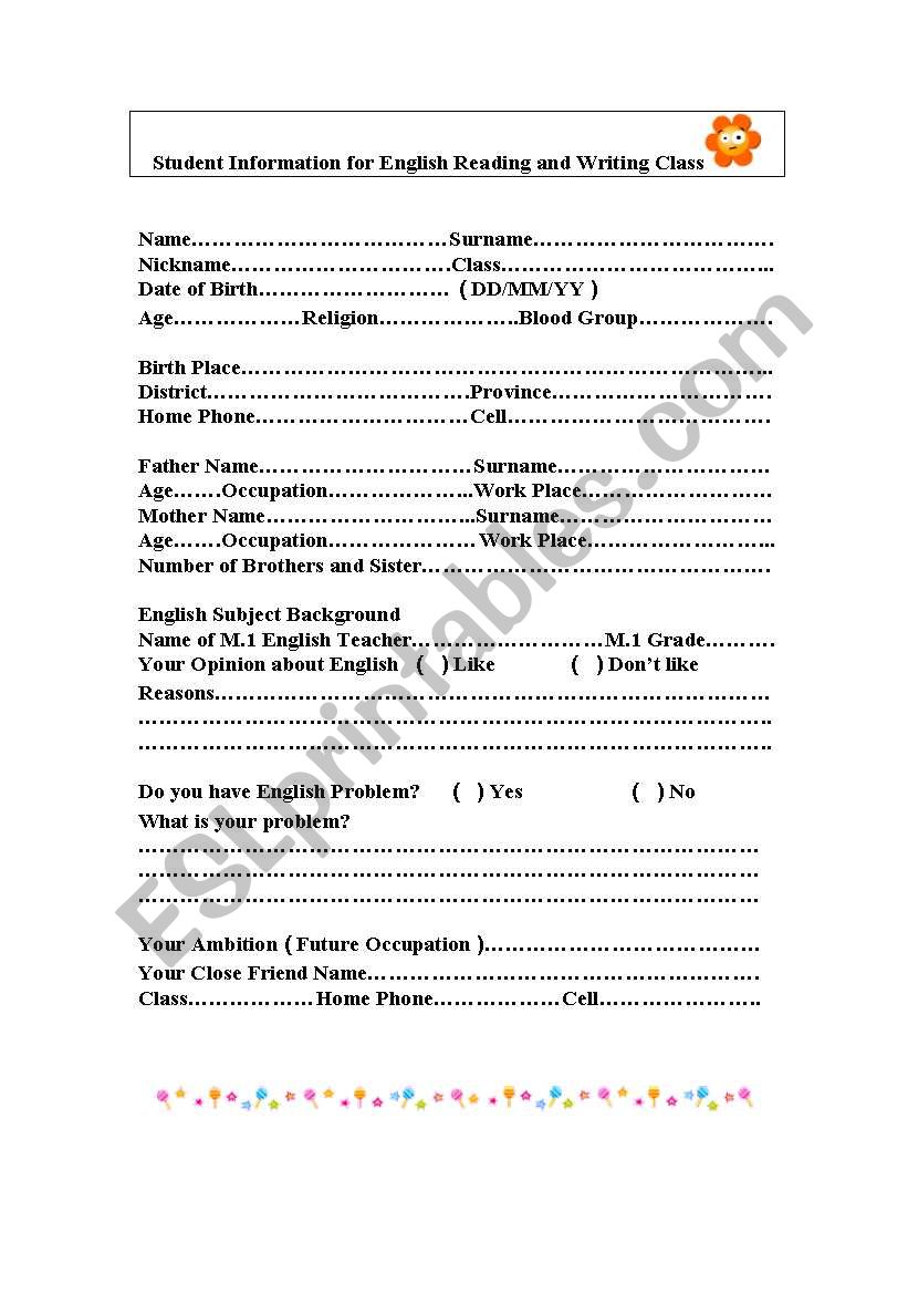 Student Information worksheet