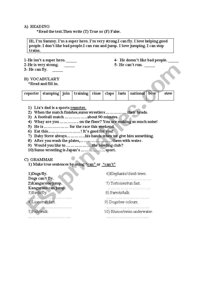 a worksheet which consists reading,grammar and vocabulary exercises