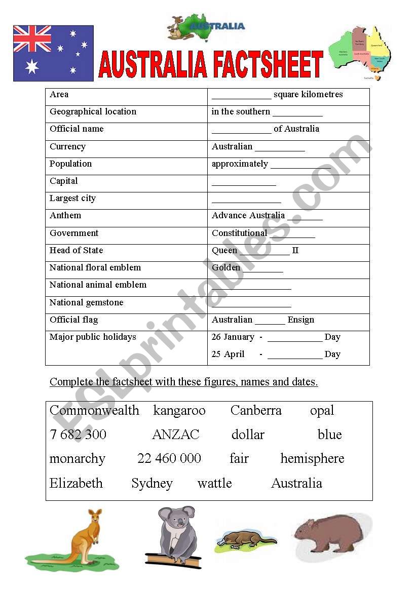 Australia factsheet - gap-fill exercise