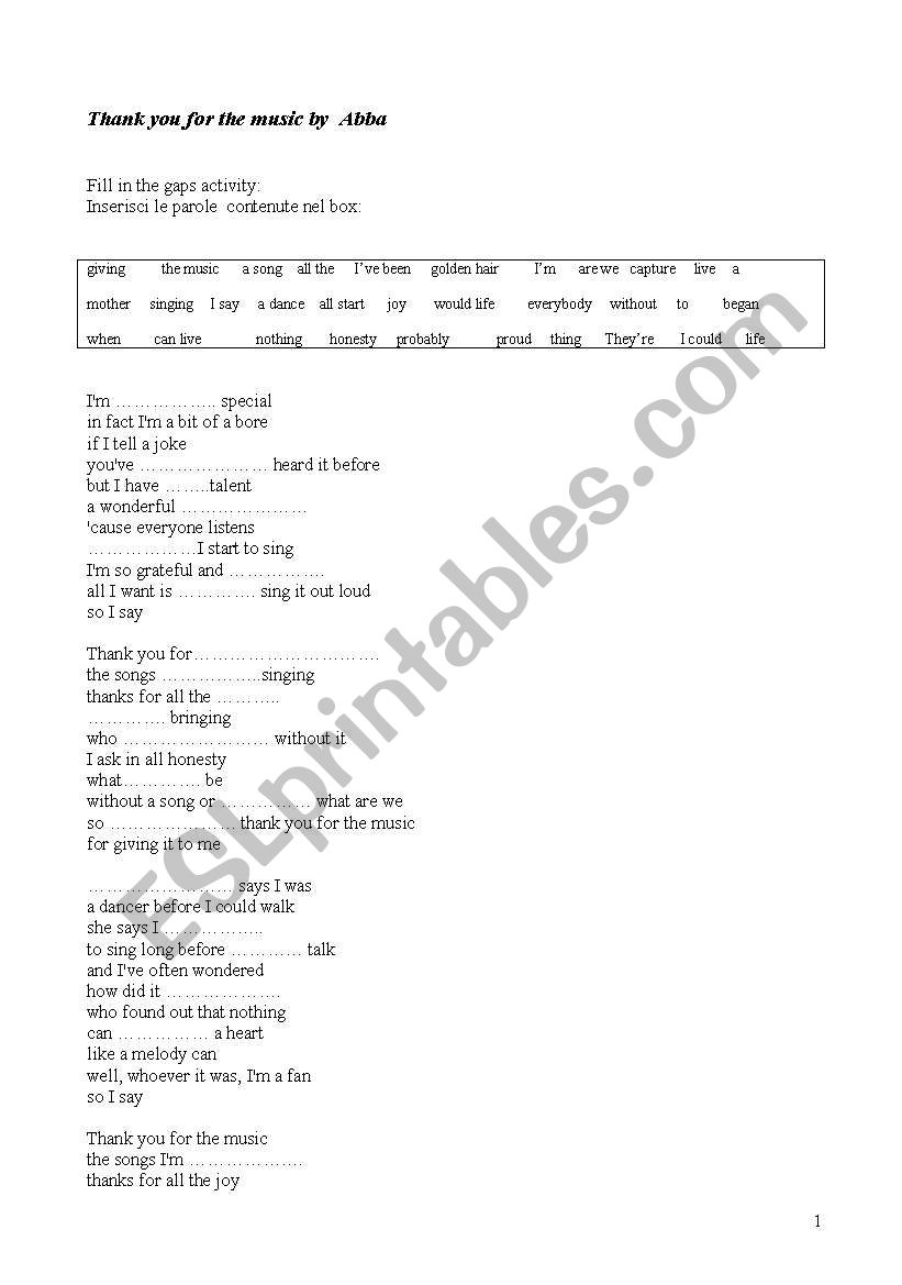 song activity worksheet