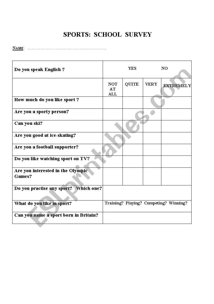 sports: school survey worksheet