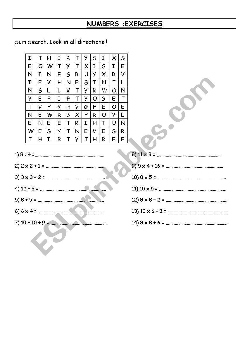 NUMBERS EXERCISES worksheet