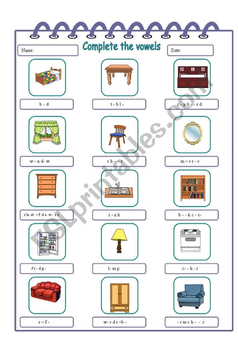 Furniture Complete the Vowels worksheet