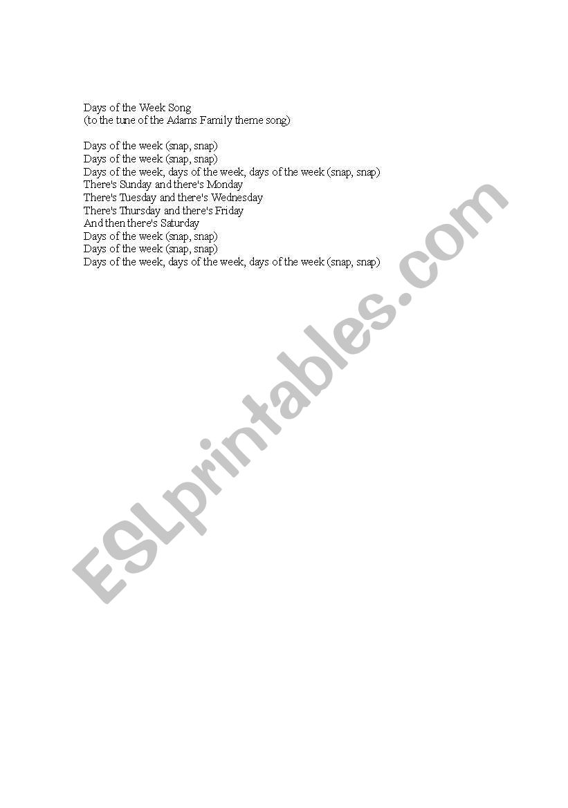 Days Of The Week Song worksheet