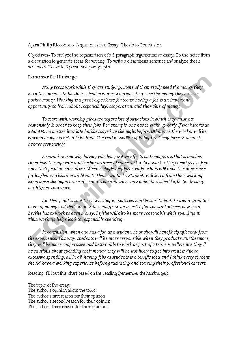 Argumentative Essay Lesson: Thesis to Conclusion