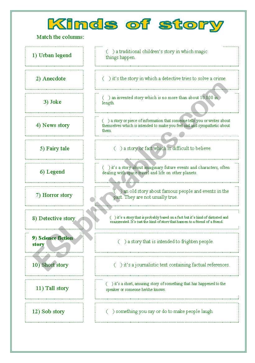 Kinds of story worksheet