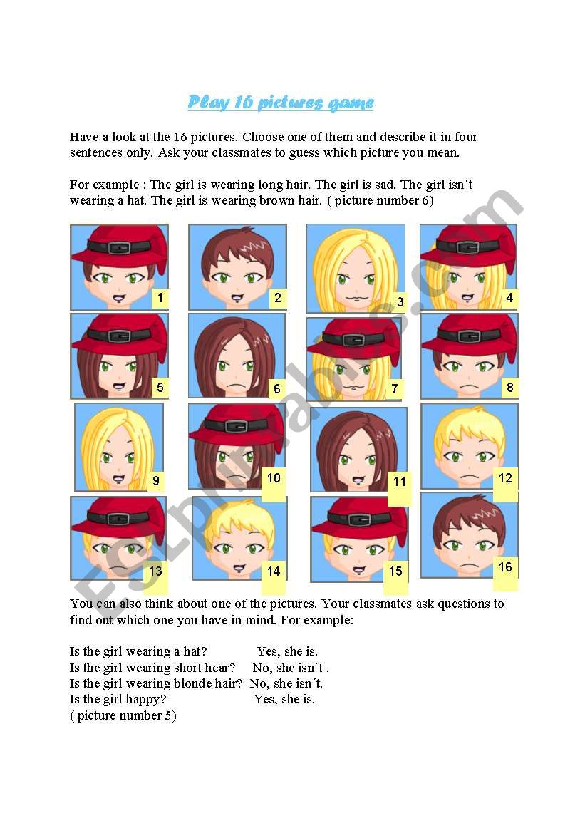 16 pictures game worksheet