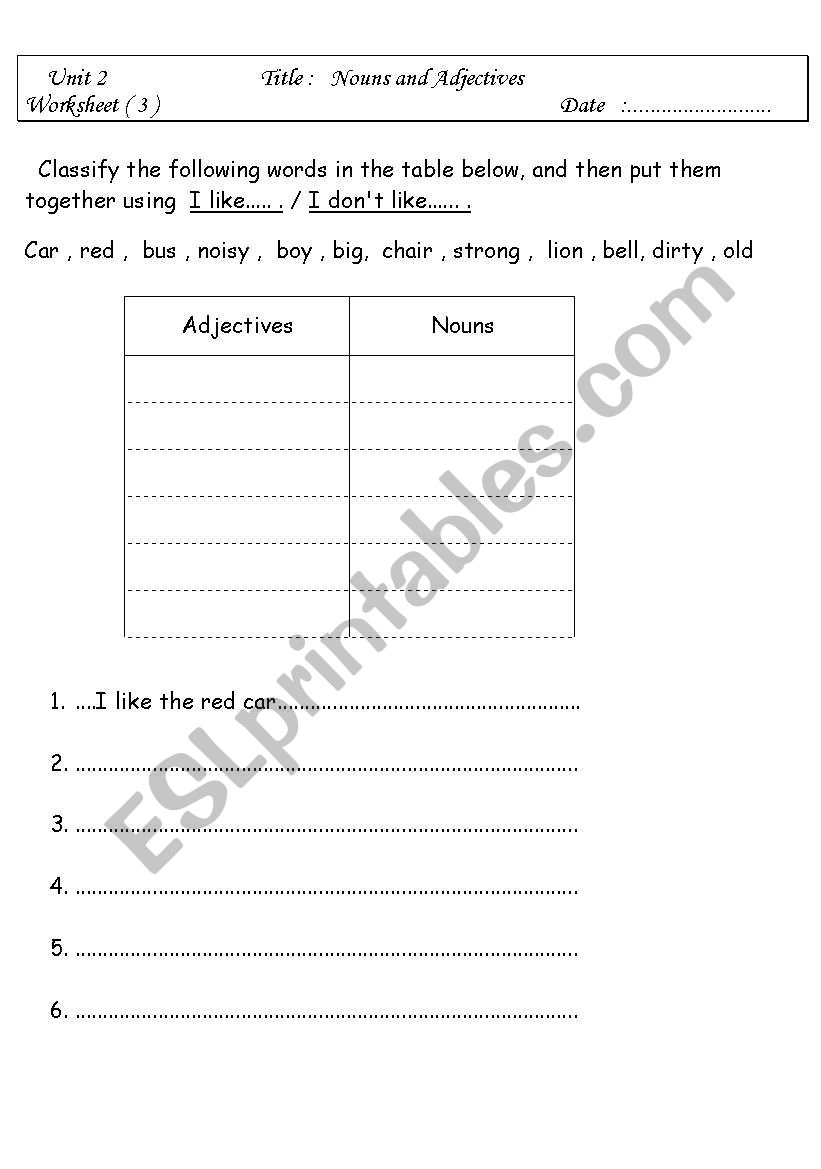 nouns and adjectives worksheet