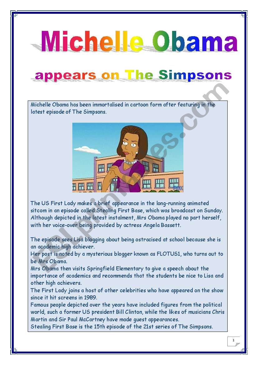 READING PROJECT - 12 TASKS - 7 pages - Answer KEY  - Michelle Obama appears on the Simpsons.