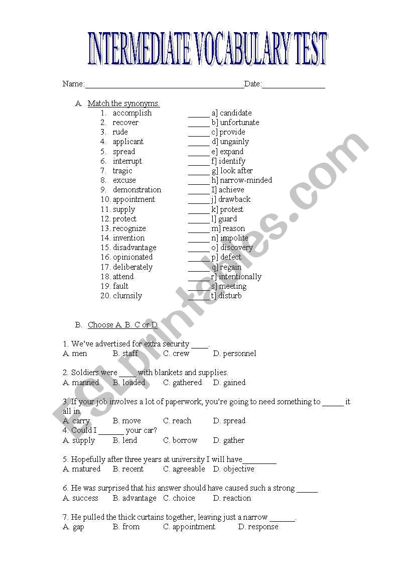 vocab test worksheet