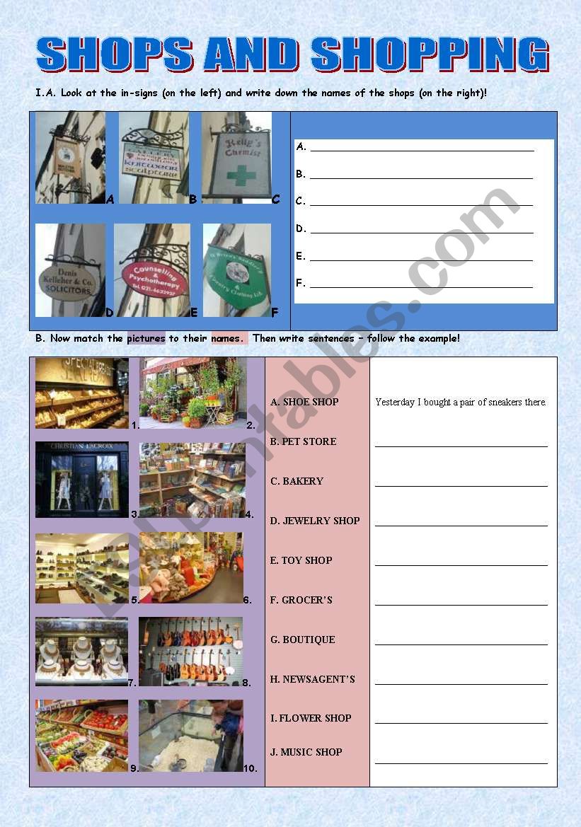 Shops and shopping worksheet