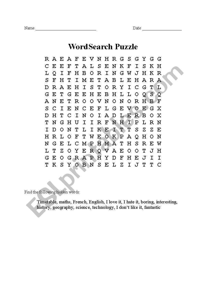 wordsearch school subjects worksheet