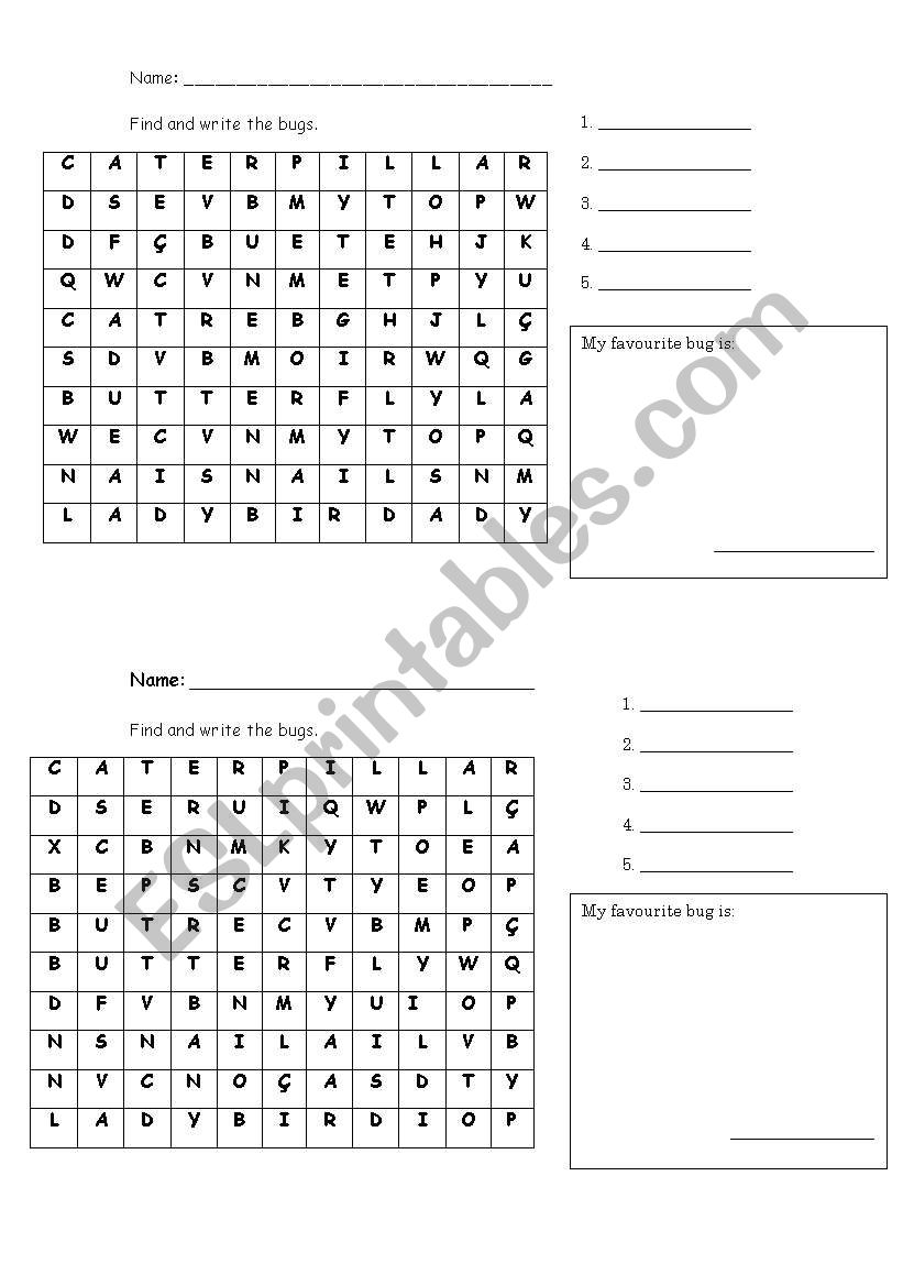 Bugs Word Search worksheet