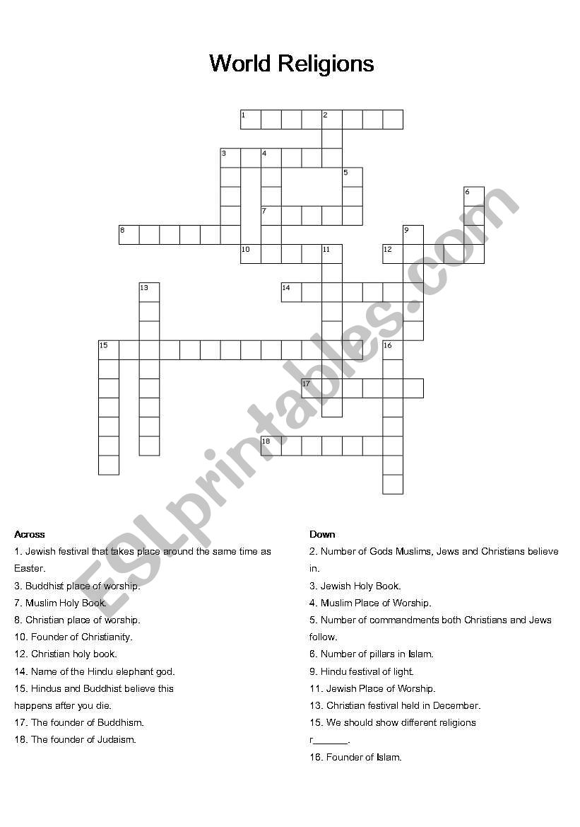 world relgions cross word puzzle
