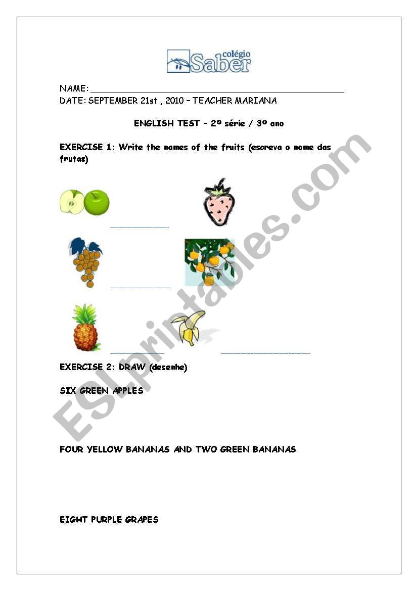 Test on fruits worksheet