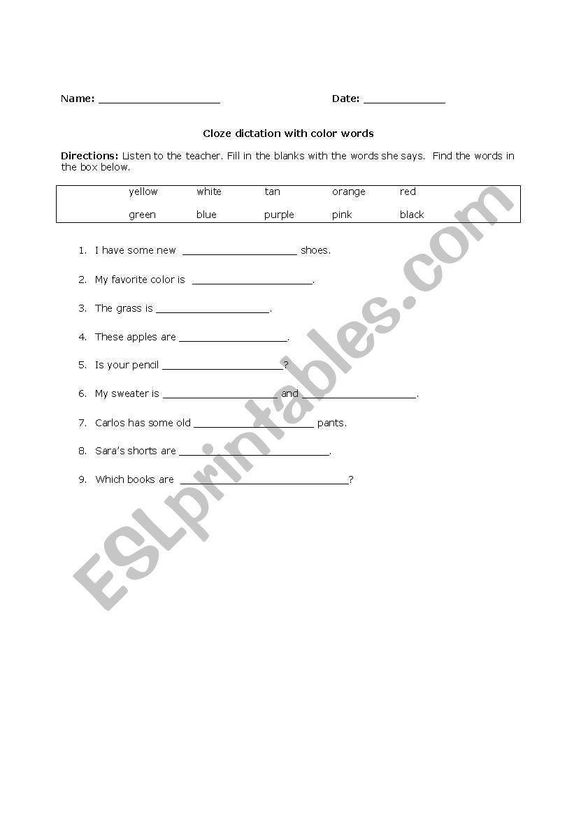 Cloze Dictation: Colors worksheet