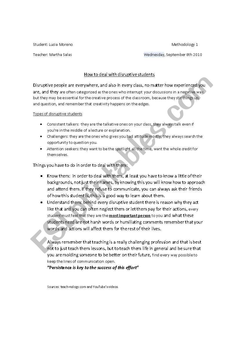 disruptive students worksheet