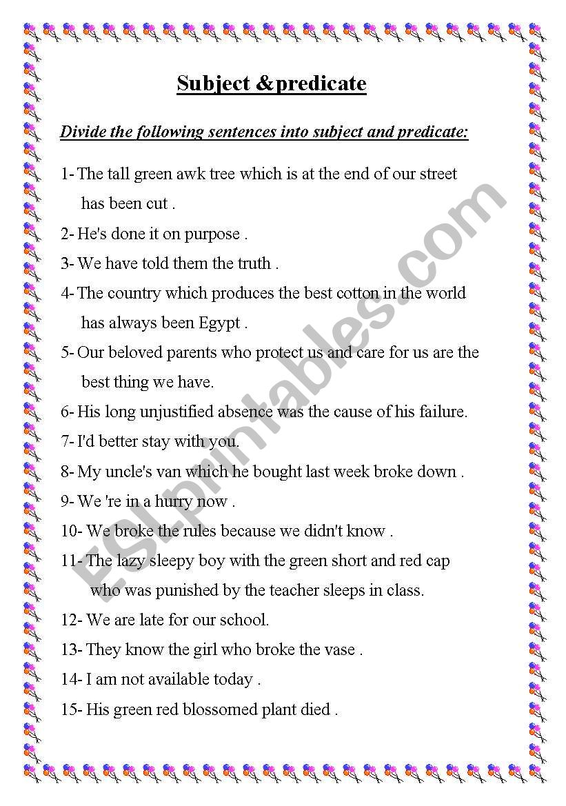 Subject & predicate - ESL worksheet by Ayaat Within Subjects And Predicates Worksheet