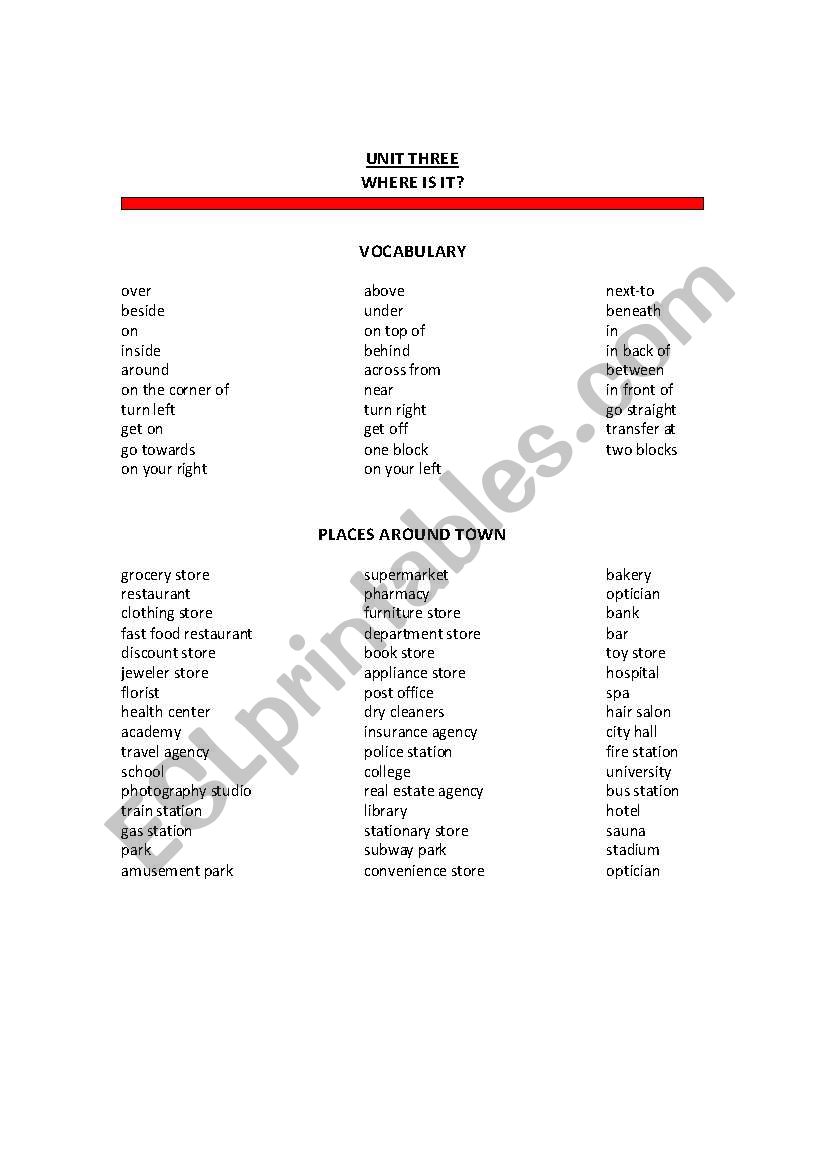 Places around town worksheet