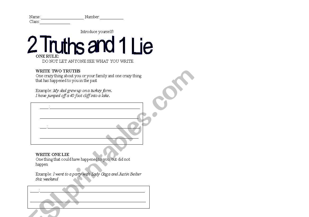2 Truths 1 Lie worksheet
