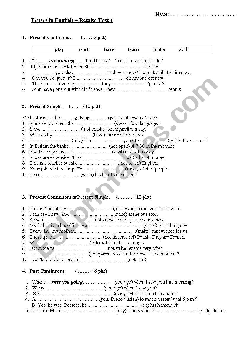 Tenses Test worksheet