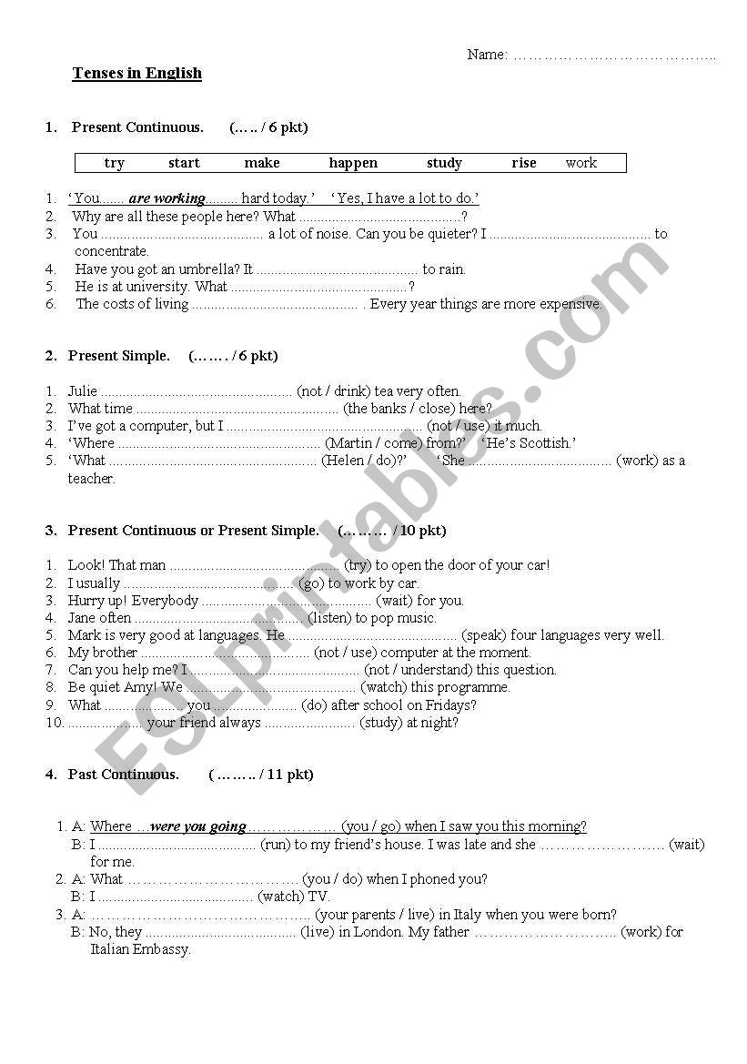 Tenses test 2 worksheet