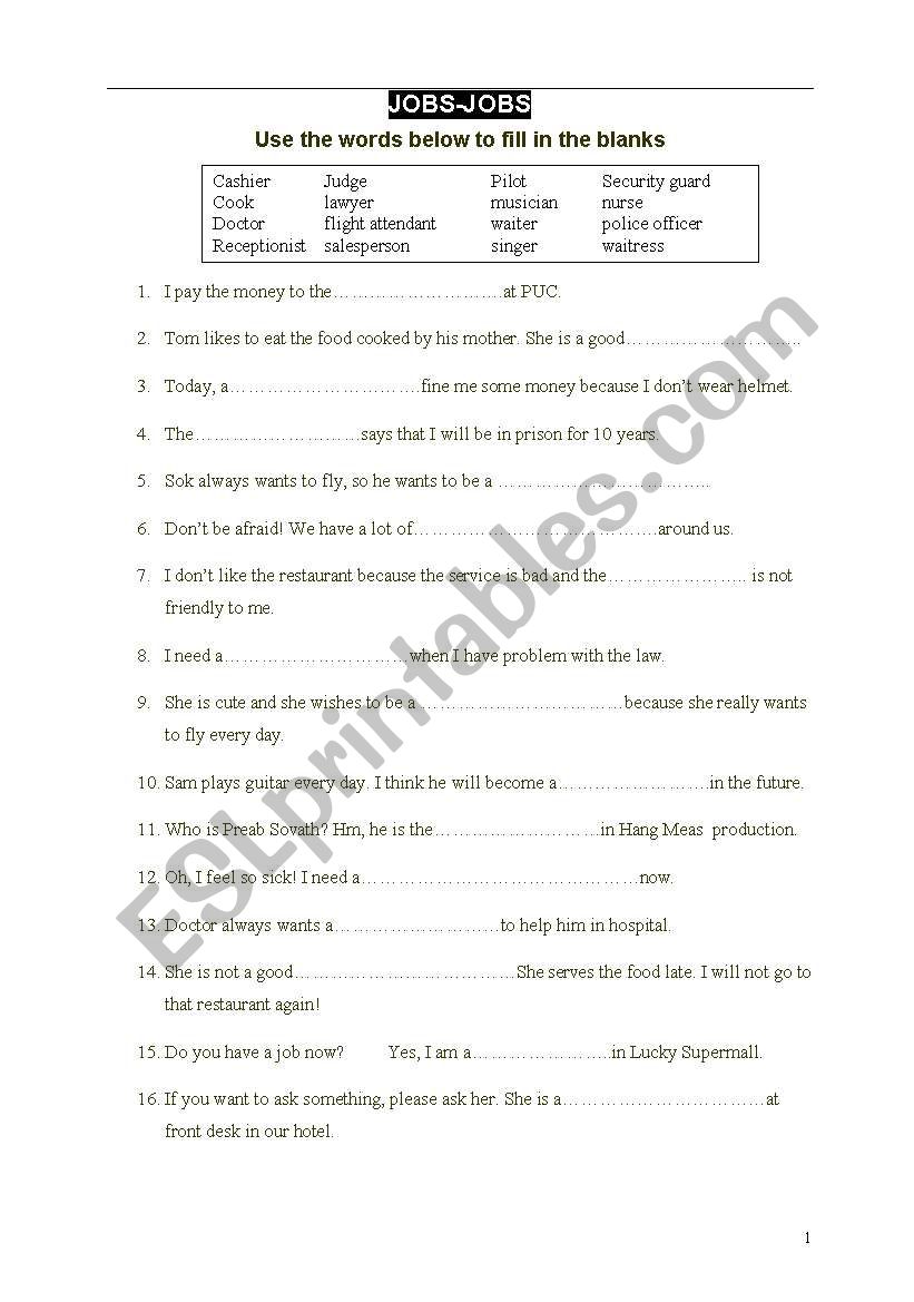 Jobs-jobs worksheet